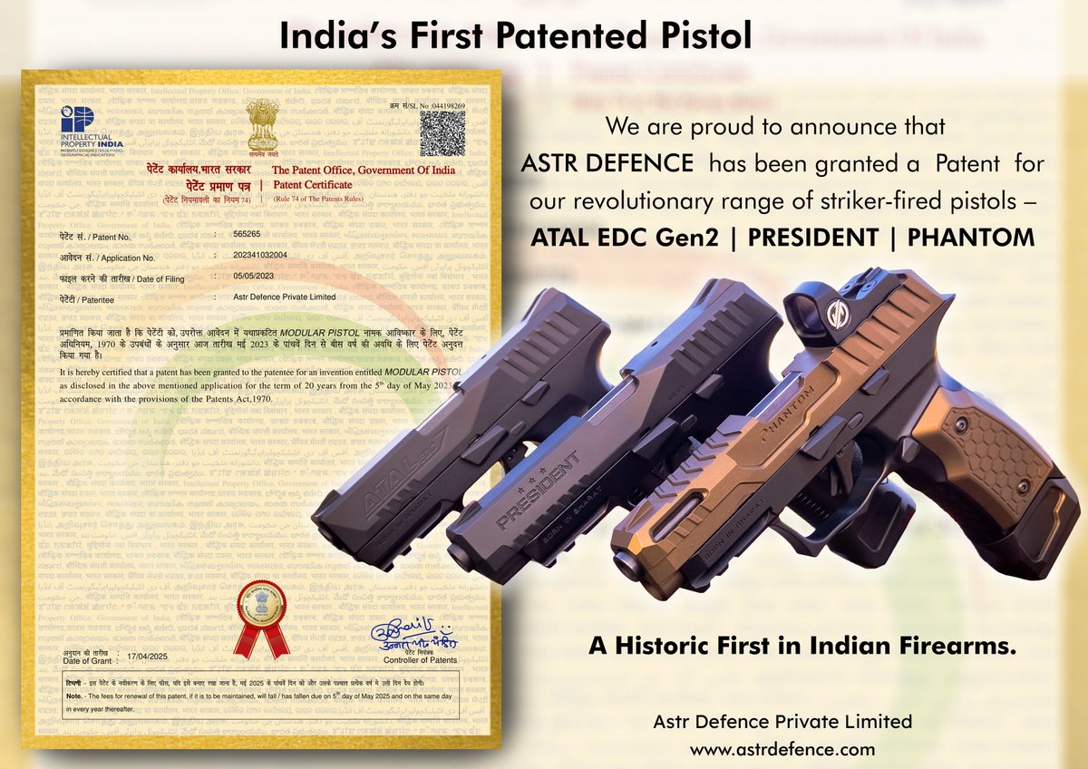 🚀 Another Patent Granted!
We’re proud to announce that Astr Defence has been granted another patent on our indigenous weapon systems.
This patent is just another step on our path toward pioneering cutting-edge defence technologies—from Counter-UAV systems to Precision Weapons 🇮🇳