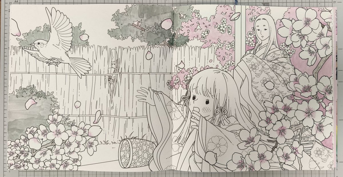 lycheecolor's tweet photo. 今この塗り絵を塗っています。顔彩を使って塗っています。
#墨運堂
#絵墨
#はじめての源氏物語ぬりえBOOK https://t.co/6ZV1AVF1SB
