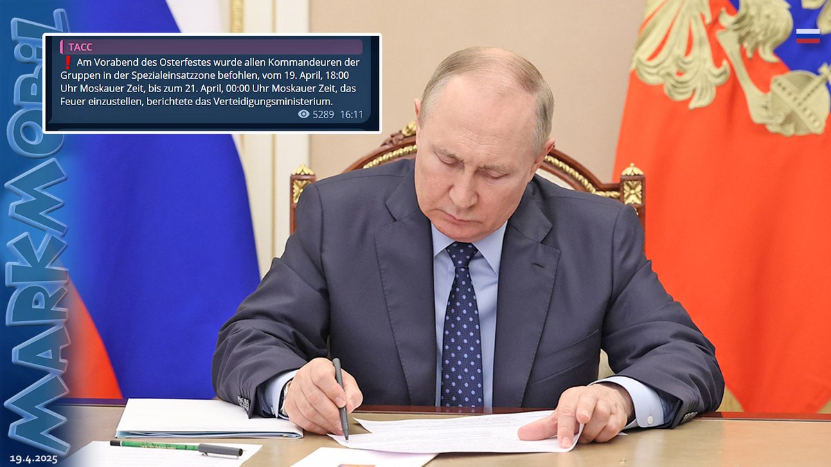 MARKmobilTV's tweet photo. E I L M E L D U N G
Der russische Präsident PUTIN hat soeben einen Osterfrieden angeordnet. Ab heute 17 Uhr (MEZ) bis einschließlich Ostermontag stellt die russische Armee alle Militäroperationen ein. https://t.co/LjlwQUnFBM