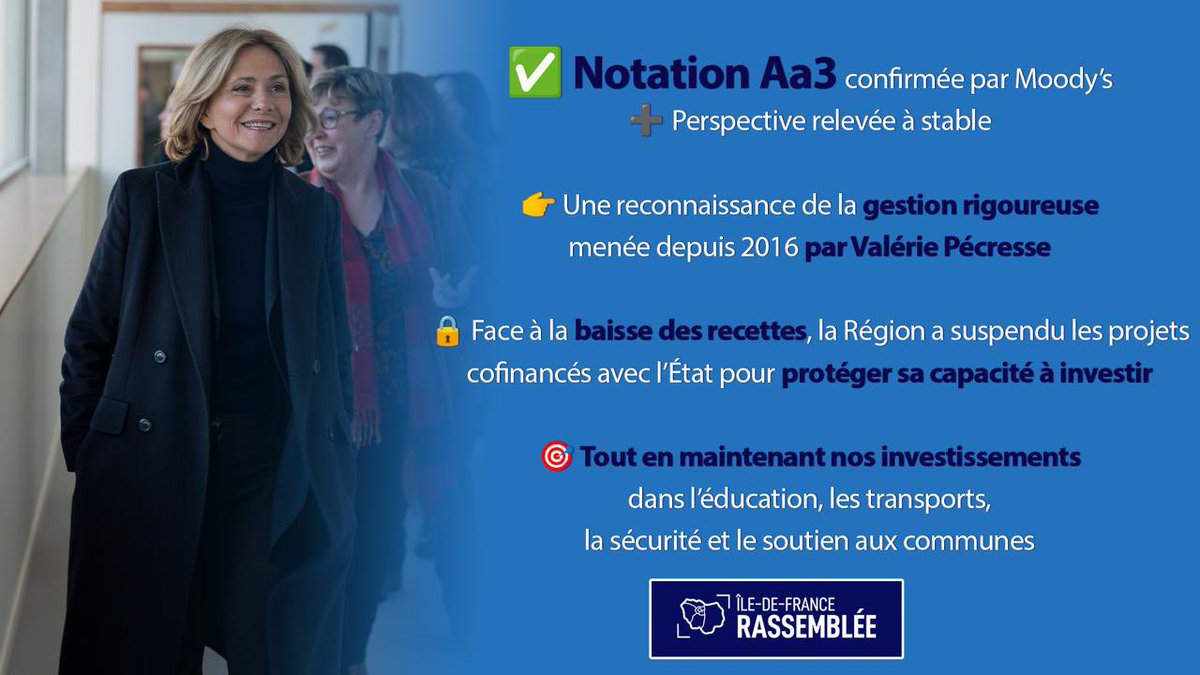 Sophie Deschiens ن 🎗️ (@sdeschiens) on Twitter photo 🔵 Confirmation par Moody’s de la note de la Région <a href="/iledefrance/">Région Île-de-France</a> à Aa3 : la meilleure notation possible !
Une reconnaissance de la gestion rigoureuse menée depuis 2016 par <a href="/vpecresse/">Valérie Pécresse</a> et notre majorité qui, malgré la baisse des recettes, nous permet de soutenir nos communes ! 🔵 Confirmation par Moody’s de la note de la Région <a href="/iledefrance/">Région Île-de-France</a> à Aa3 : la meilleure notation possible !
Une reconnaissance de la gestion rigoureuse menée depuis 2016 par <a href="/vpecresse/">Valérie Pécresse</a> et notre majorité qui, malgré la baisse des recettes, nous permet de soutenir nos communes !