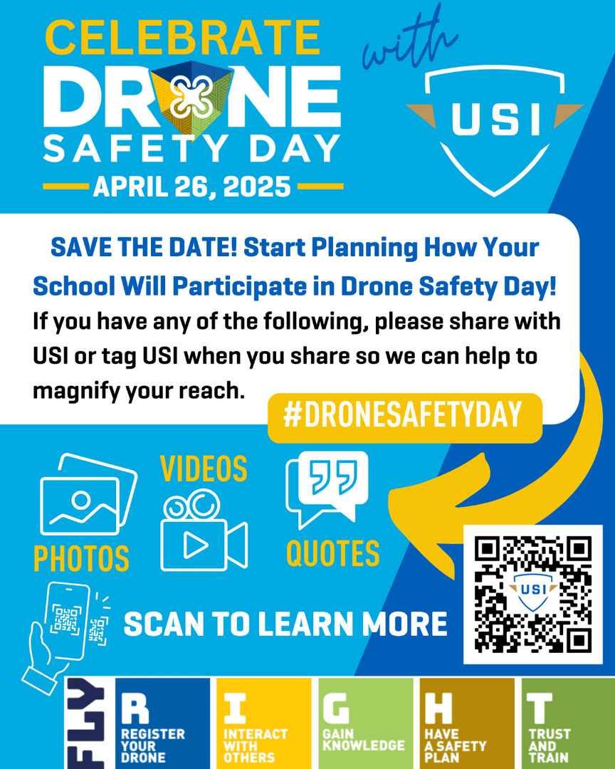 Fly_USI's tweet photo. Drone Safety Day is right around the corner! We'd love to hear from your school or organization if you're holding an event. Send your photos, videos, &amp; event info and we will help to get the word out!

--> https://t.co/r5CqNzR496

Find or share an event at https://t.co/BX6vgOglLU https://t.co/CaQRMhopgK