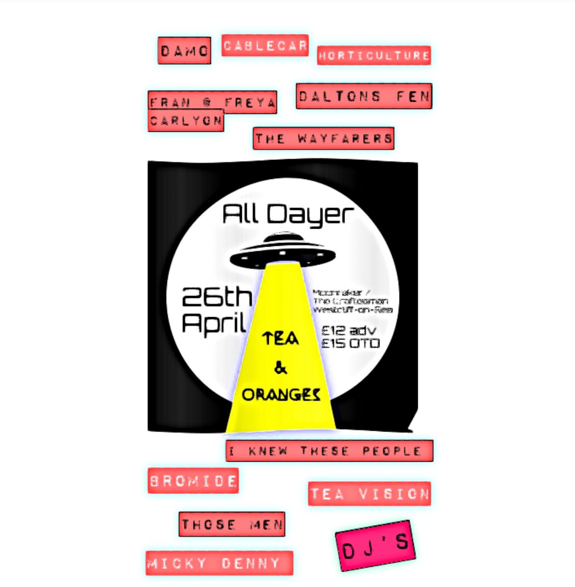 Full line up for 26th April all dayer. 2pm till 6pm at Craftesman then short 2 minutes walk to the Moonraker for bands 7 till 12 - #Southend #WestcliffonSea