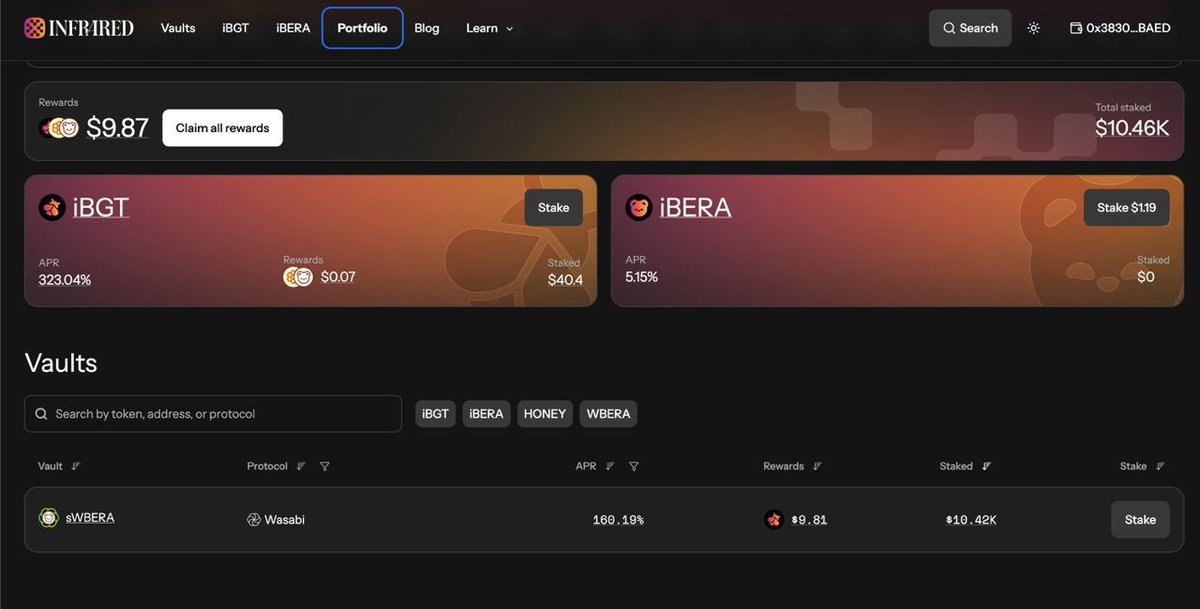 0xbaed's tweet photo. Just bear it 🐻

Today, I’m starting a new Make DeFi Great Again challenge on @berachain.

I’m kicking things off with an investment of 3,400 $BERA (~$12,000).

Goal: double it to 6,800 $BERA in 3 months.

I’ve been full-time in the Bera ecosystem for about two weeks now, and I’ve decided to begin with relatively safe DeFi.
I chose the $sWBERA pool on @InfraredFinance and @wasabi_protocol, and I’m currently earning around $50 in $IBGT daily — which I reinvest every day.