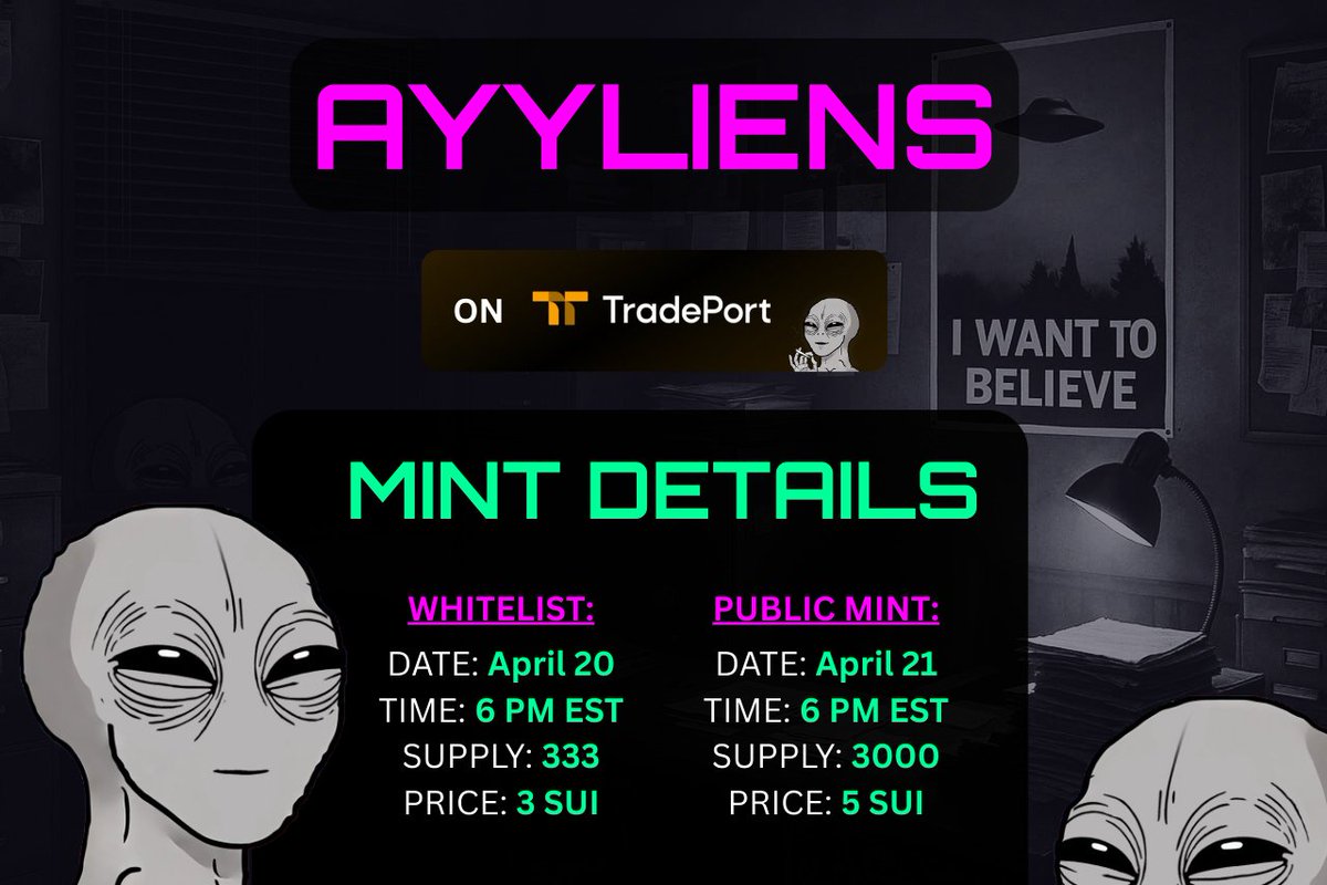 Ayyliens mint date &amp; time secured 🔒

Everyone on the WL (including all <a href="/suitoshipanda/">Suitoshi Panda</a> NFT holders) gets a 40% discount for the entire duration of the mint

tradeport.xyz/sui/collection…

Mint an NFT and automatically gain early access to our Sui Games platform later this month. Play