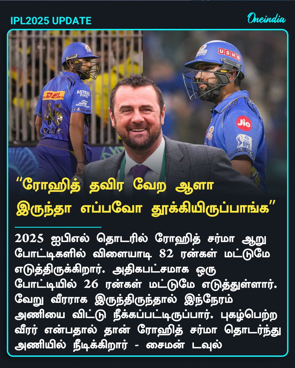 thatsTamil's tweet photo. “வேறு வீரராக இருந்தால் இந்நேரம் டீமை விட்டே நீக்கியிருப்பார்கள்”- ரோஹித் சர்மாவை விளாசிய சைமன் டவுல்
More Details: https://t.co/Fi1rJFn2sO
#IPL2025 #IPLWithOneindia #MumbaiIndians #RohitSharma𓃵 #SimonDoull #IPLExpertTalks #OITamil https://t.co/0OWJVVHdXc