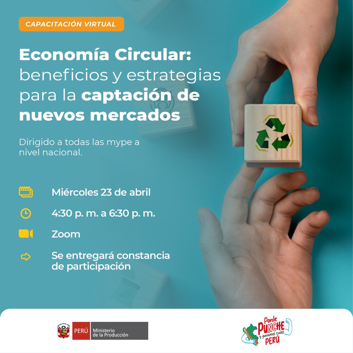 MINPRODUCCION's tweet photo. ¡Conviértete en una MYPE sostenible y competitiva! 💼🌱 Aprende cómo la Economía Circular puede ayudarte a mejorar tu productividad, acceder nuevos mercados y generar un impacto positivo en el planeta. 🌎✨♻️ 

🔗 Inscríbete gratis aquí: https://t.co/lIv5JmUe1V https://t.co/ZjuDrOiqiF