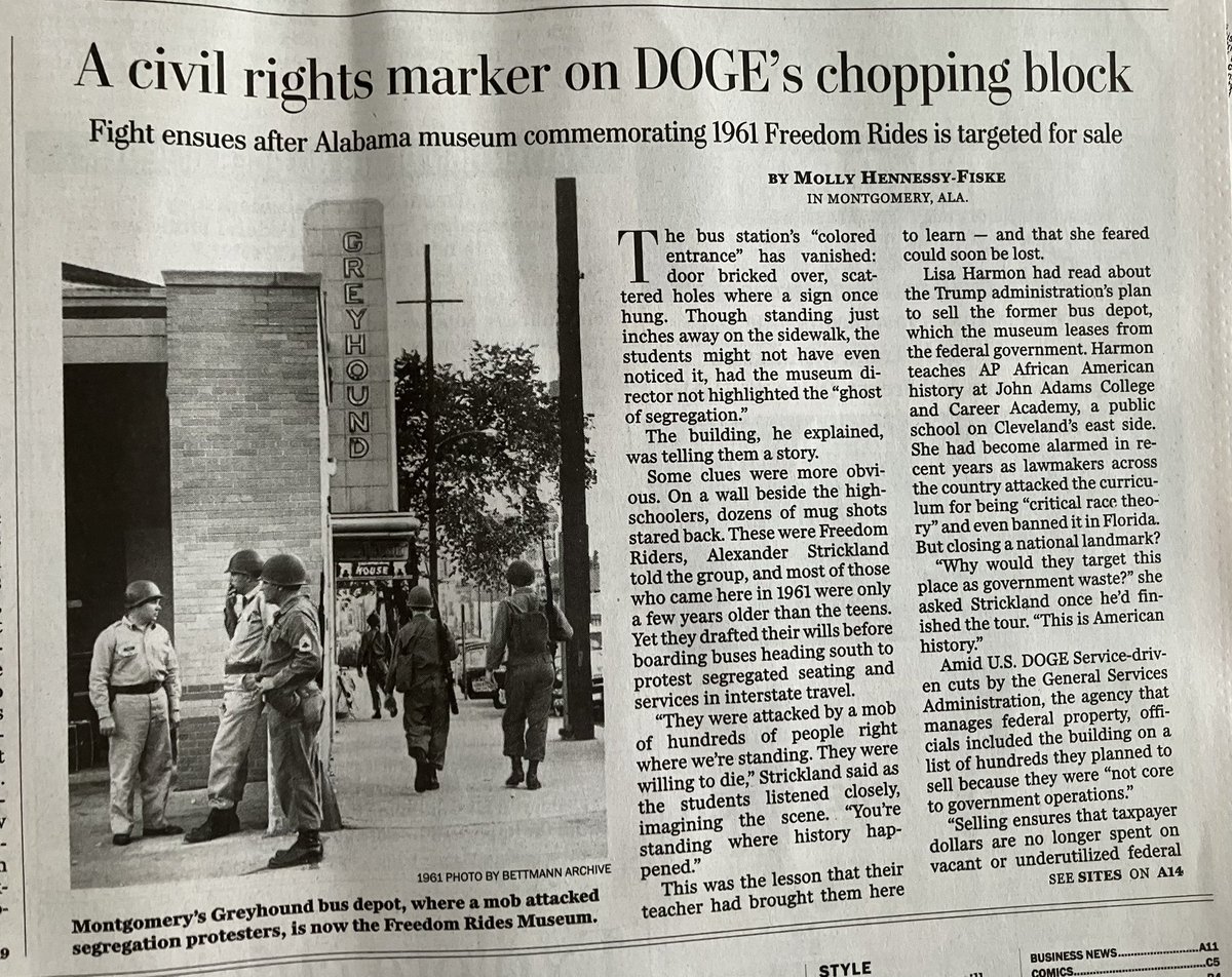 Dan Diamond (@ddiamond) on Twitter photo Washington Post front page today — <a href="/mollyhf/">Molly Hennessy-Fiske</a>, reporting from Alabama, on a DOGE-driven plan to sell a museum commemorating the civil rights-era Freedom Rides. Washington Post front page today — <a href="/mollyhf/">Molly Hennessy-Fiske</a>, reporting from Alabama, on a DOGE-driven plan to sell a museum commemorating the civil rights-era Freedom Rides.