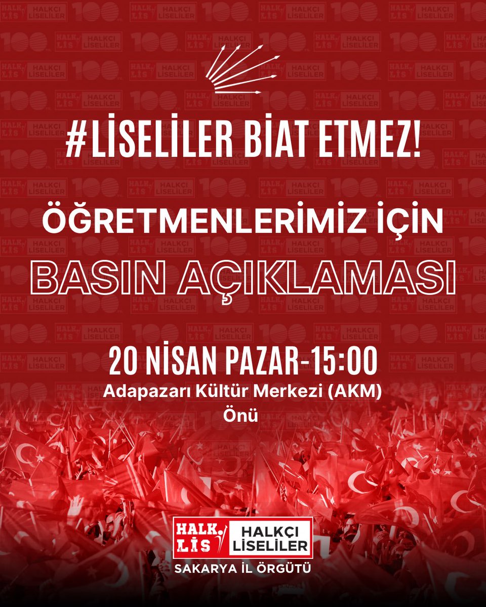 Liseliler Biat Etmez!

Görevden uzaklaştırılan öğretmenlerimizin sesi olmaya devam ediyoruz!

📍Adapazarı Kültür Merkezi (AKM) Önü
🗓️ 20 Nisan Pazar - 15:00