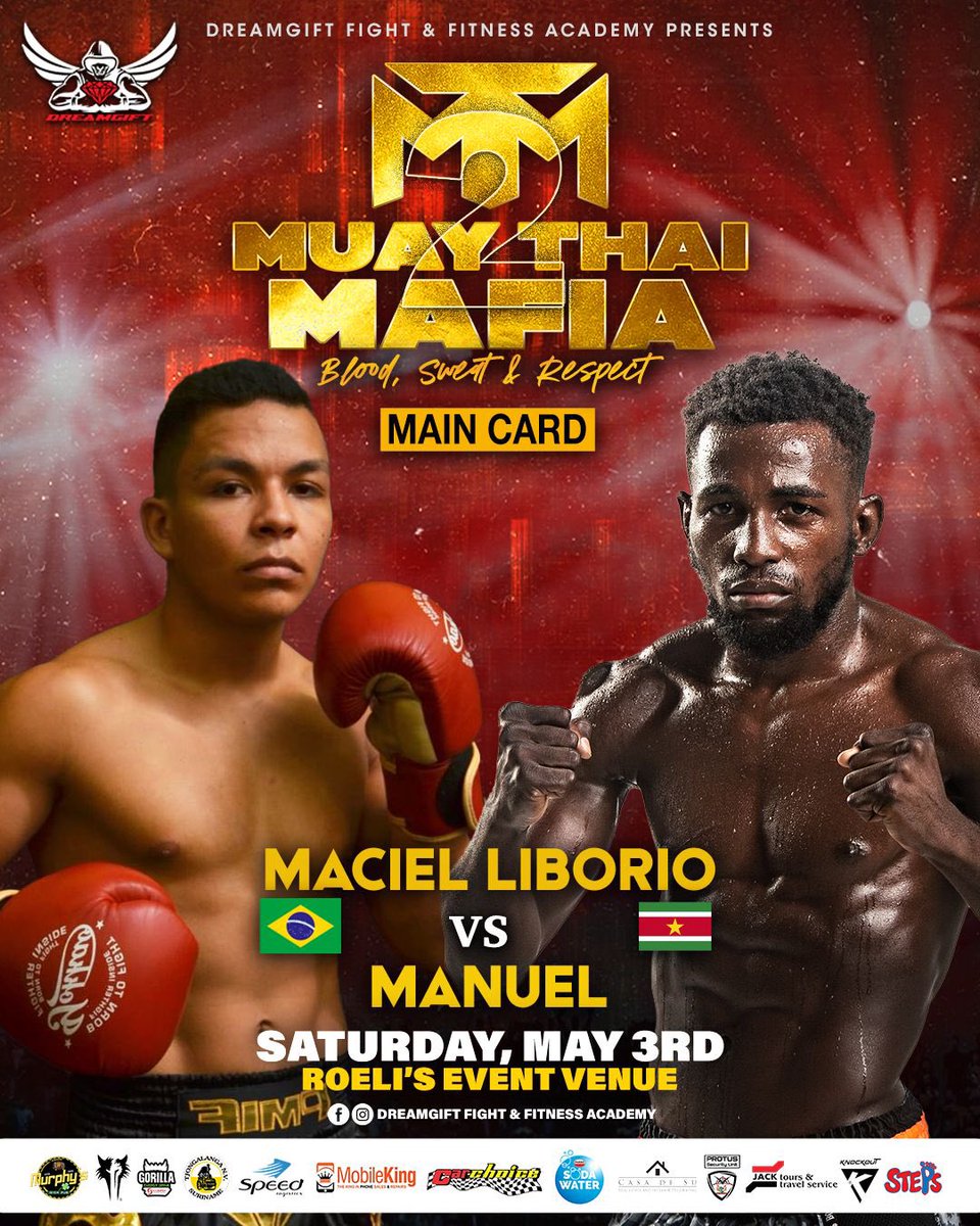 2 Weeks to Go! 🔥⚡️🥊
Muay Thai Mafia #2
📍Roeli’s event venue
🗓️ 3rd of May

Regel vandaag nog je ticket en VIP-tafel!
Kom jij me aanvuren ⚡️🔥
DM The Black Lightning
WhatsApp/bellen: +597 8249637

Keep following me for the updates
Instagram: dwelbert_manuel
#TheBlackLightning