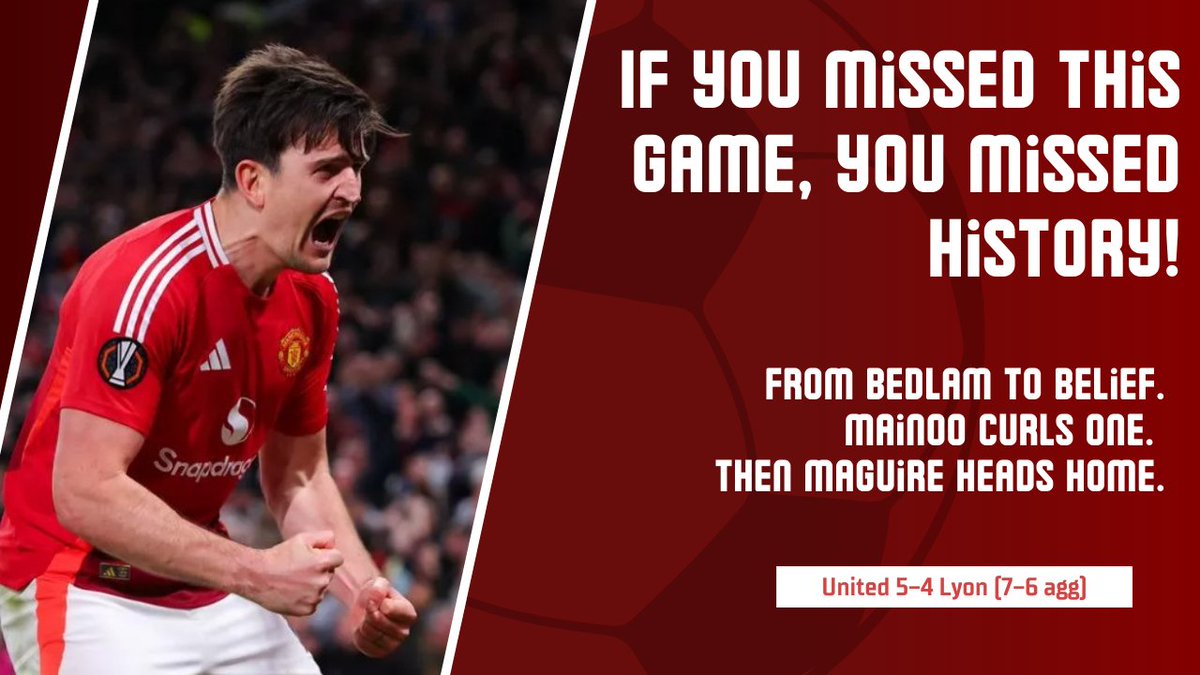 kotp2024's tweet photo. https://t.co/UmFrRX5SVc

From 5–2 up to 6–5 down. Then Mainoo curls one. Maguire heads home.
A biblical European night at Old Trafford.
🎧 New episode out now: United 5–4 Lyon (7–6 agg)

#MUFC #UEL #ManchesterUnited #Amorim #EuropaLeague https://t.co/evKUPKSSJw