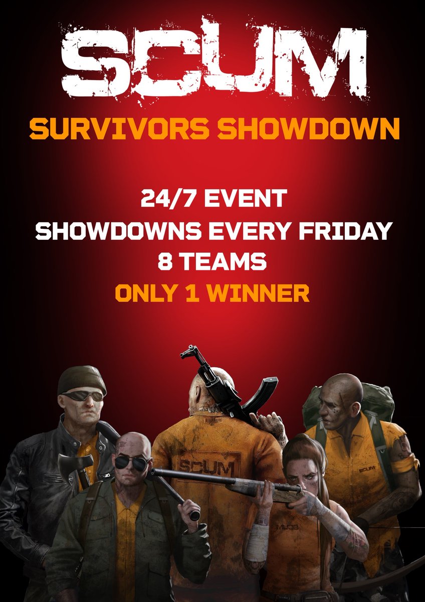 Hello everyone!

TEC 01 is proud to present a new show for your pleasure, SCUM Survivors Showdown! To add a little spice to your life we are launching a new island, with your favorite prisoners who will be competing against each other over the course of 8 weeks. And every Friday