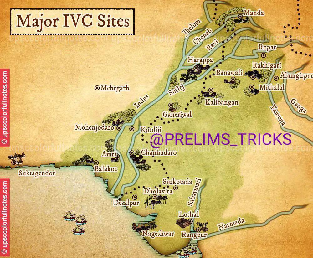 🔆Port cities in Indus valley civilization 

Trick : BSNL.

✅B : Balakot.
✅S : Sutkangan dor.
✅N : Nageshwar.
✅L : Lothal