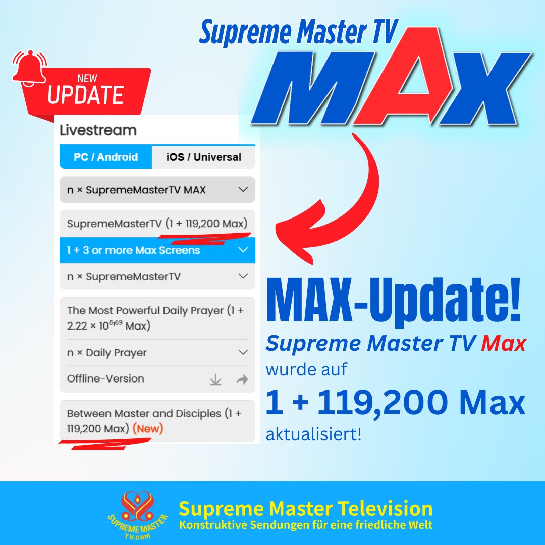 SupremeMasterDE's tweet photo. 🌟 Spannende NEUIGKEITEN! 🌟
Supreme Master TV MAX wurde auf 1 + 119.200 MAX aktualisiert! 🎉
Noch mehr Segen für die Welt! 🌍✨

🔗 Besuche: https://t.co/CzhrgSdhJl

💛💛 Bitte Teilen, Teilen, Teilen!💛💛

#SupremeMasterTV https://t.co/RlZyvgQxTT