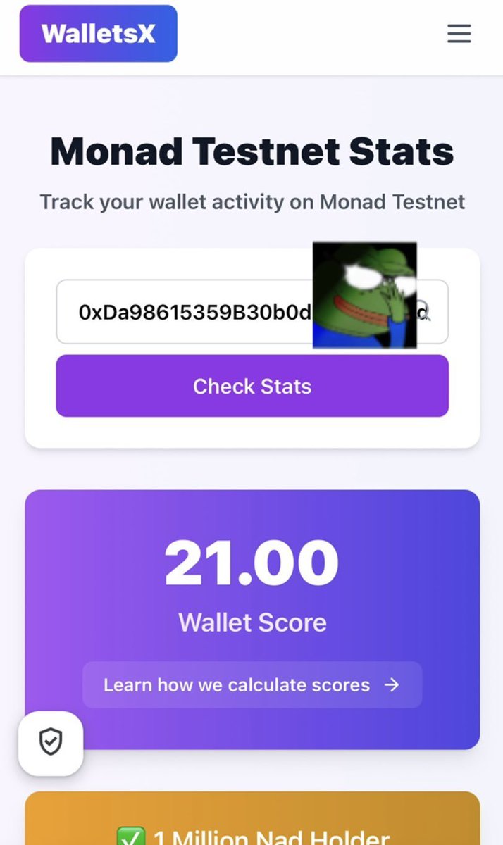 annabhai07's tweet photo. New Monad Testnet Checker! @monad_xyz  Check your stats at:

 https://t.co/OXXE1R1AFp 

Transactions - Active days, weeks, months - Created &amp; interacted contracts - NFT &amp; token holdings - Total volume   - And more! https://t.co/KgPSHVezK4