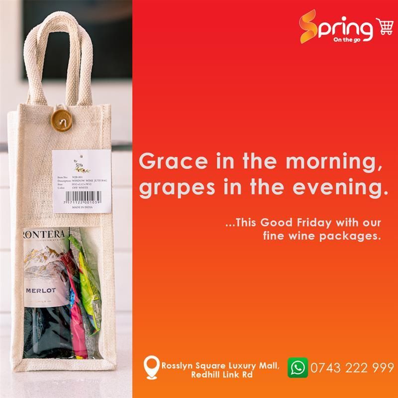 Springonthegoke's tweet photo. Grace in the morning, grapes in the evening 🍷
Mark this Good Friday with a touch of elegance—shop our fine wine packages at the Spring on the Go shop, Rosslyn Square Luxury Mall, Nyari.
📍 Redhill Link Rd | 📞 0743 222 999
#SpringOnTheGo #GoodFriday #WineMoments #RosslynMall #NyariShopping #WeekendVibes