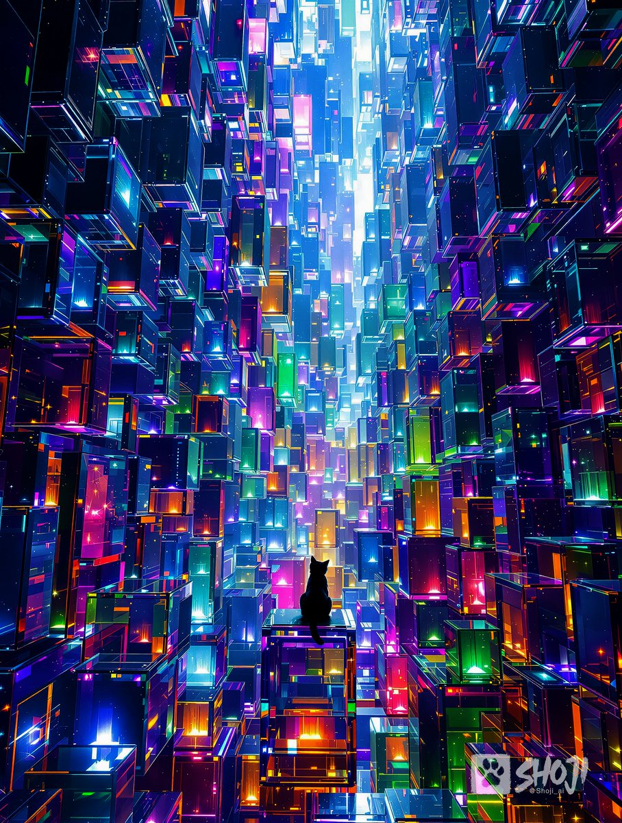 Shoji_ai's tweet photo. Neon Cube Nexus 🐱🔮
A lone cat perches above a cathedral of kaleidoscopic data blocks—peering into infinite digital dimensions where each cube hides a new reality. Curiosity just leveled up. #CatVerse #NeonDreams