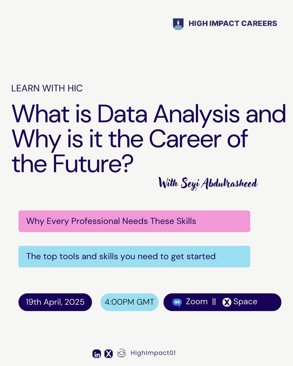 HighImpact01's tweet image. Join us 4pm this evening Apr 19, 2025 as we learn and discuss more on Data Analysis as beginners.

Tune in to our space on X or join via this zoom link
tinyurl.com/55z3f3hn
See you there!😉
#DataAnalysis #TechWebinar #HICBootcamp