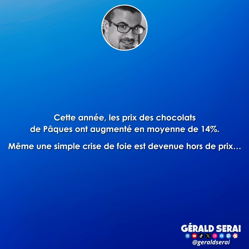 GeraldSerai's tweet photo. #bfn #breakingfakenews #humour #brèves #actualite #inflation #prix #chocolats #Paques
Impertinemment vôtre ! 😜🔔 https://t.co/PUlrDNJNr4