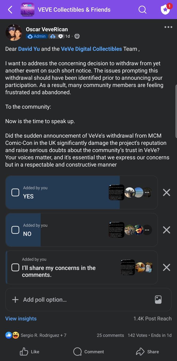 IIIRICANIII's tweet photo. 1/3 Dear @veve_official, It's been a while since you've stopped by our FB community to say hello. We have just one day left in this poll, and I must admit, it’s a bit disappointing. We’ve been dealing with some ongoing fires, and for some reason, the VeVe team has stopped visitin https://t.co/vSUhXLQLXT