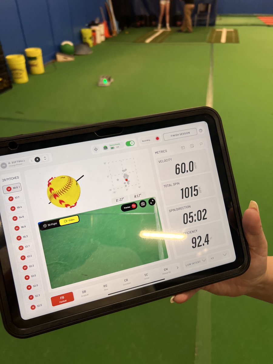 mvisser2027's tweet photo. It was fun to get some detailed analytics from the @RapsodoSoftball technology at my most recent pitching lesson. Seeing spin, efficiency and velocity in real time was amazing! Excited to use this more to dial things in over the summer. 🔥🥎🔥