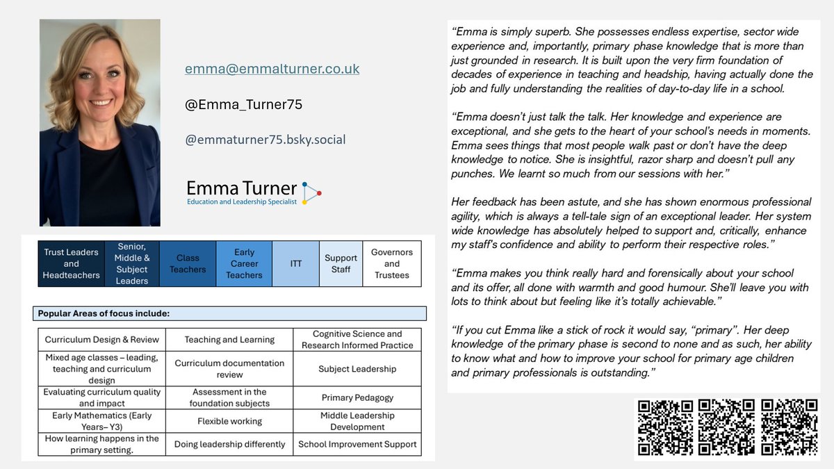 Emma_Turner75's tweet image. Interested in primary T&L, school improvement, subject leadership or primary curriculum design, assessment & review? Contact details below for enquiries to support schools & trusts with school improvement, T&L, subject leadership & curriculum.