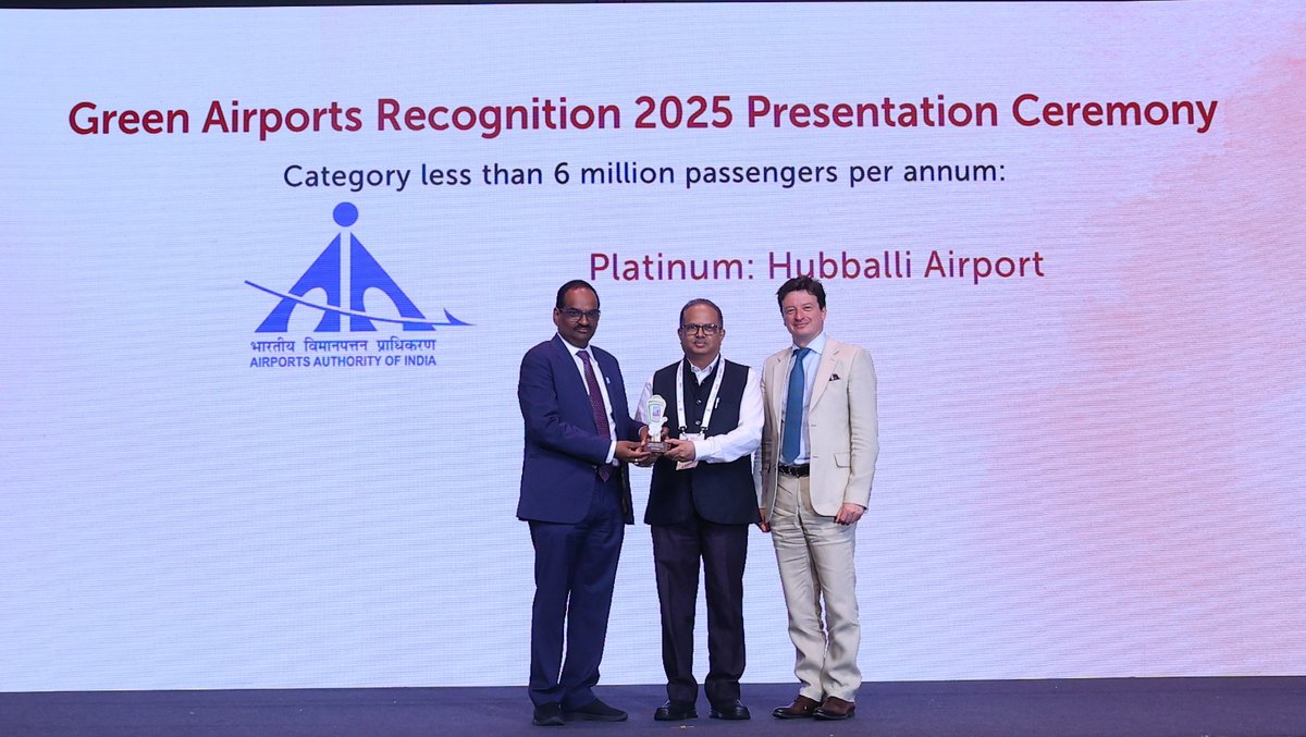 Airports Authority of India (@aai_official) on Twitter photo A Proud Milestone for AAI!
#AAI’s Hubballi Airport <a href="/aaihbxairport/">ಹುಬ್ಬಳ್ಳಿ ವಿಮಾನನಿಲ್ದಾಣ: Hubballi Airport</a> has been awarded the prestigious Platinum Recognition in the Green Airports Recognition 2025 by ACI Asia-Pacific & Middle East, under the “Sustainable Energy at Airports” category. The 8 MW Solar Power Plant at A Proud Milestone for AAI!
#AAI’s Hubballi Airport <a href="/aaihbxairport/">ಹುಬ್ಬಳ್ಳಿ ವಿಮಾನನಿಲ್ದಾಣ: Hubballi Airport</a> has been awarded the prestigious Platinum Recognition in the Green Airports Recognition 2025 by ACI Asia-Pacific & Middle East, under the “Sustainable Energy at Airports” category. The 8 MW Solar Power Plant at