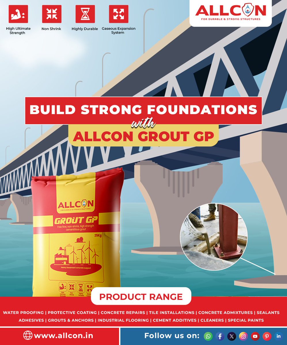 AllconD31644's tweet photo. ALLCON GROUT GP : Free ﬂow, non-shrink, high strength cementitious grout.
ALLCON Grout GP is used for engineering grouting where it is essential to withstand static &amp; dynamic loads. #grout #allcon #construction https://t.co/pEyzkcuJQd