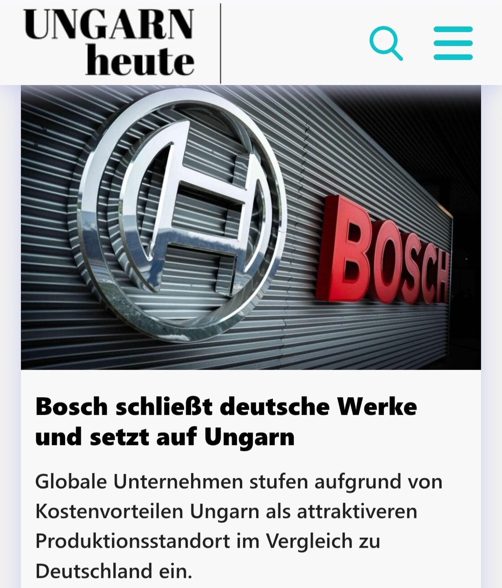 Die Werke, die Bosch in Deutschland schließt, die macht das Unternehmen in Ungarn wieder auf.
Man hält Ungarn für einen attraktiveren Produktionsstandort als Deutschland.
Die wirtschaftsfeindliche Politik der letzten Jahre zeigt ihre zerstörerische Wirkung immer deutlicher! 😏