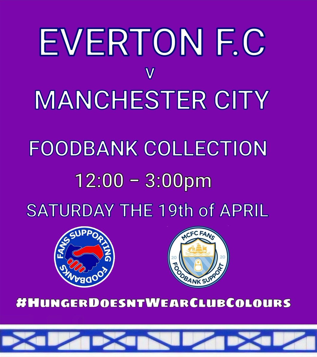 <a href="/SFoodbanks/">FANS SUPPORTING FOODBANKS #RightToFood</a> welcome their friends from <a href="/MCFCfoodbank/">MCFC Fans Foodbank Support</a> to Goodison Park for the final time today.

Please help if you can and today they’re specifically looking for donations of dryfood stuffs, tinned meats and tuna plus hygiene and sanitary items.

#EVEMCI #EFC #MCFC