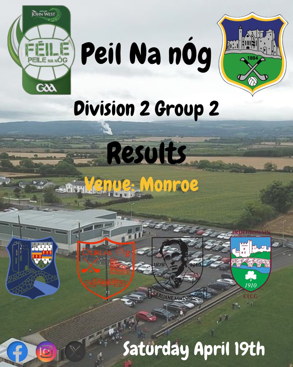 Tipperary Bord Na nÓg (@tipperarybng) on Twitter photo Peil Na nÓg Division 2 Group 2
Round 1
<a href="/DurlasOgGAA/">Durlas Óg</a> 3-03 @MacDonaghsGAA 1-02
<a href="/ArdfinnanGAA/">ArdfinnanGAA</a> 5-08 <a href="/moyleroversclub/">Moyle Rovers GAA</a> 1-01 Peil Na nÓg Division 2 Group 2
Round 1
<a href="/DurlasOgGAA/">Durlas Óg</a> 3-03 @MacDonaghsGAA 1-02
<a href="/ArdfinnanGAA/">ArdfinnanGAA</a> 5-08 <a href="/moyleroversclub/">Moyle Rovers GAA</a> 1-01