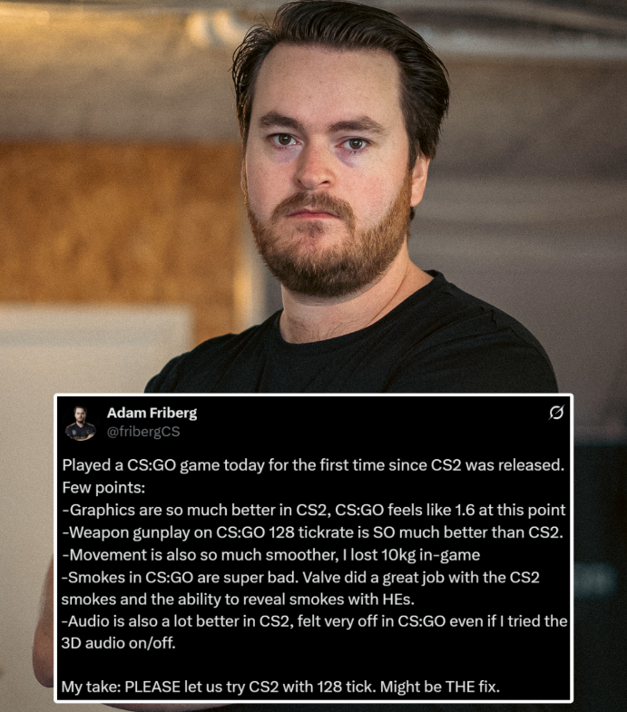 Ozzny_CS2's tweet photo. "PLEASE let us try CS2 with 128 tick, might be THE fix"

Friberg on CSGO vs CS2 ‼️ https://t.co/M1SO0RgtoF