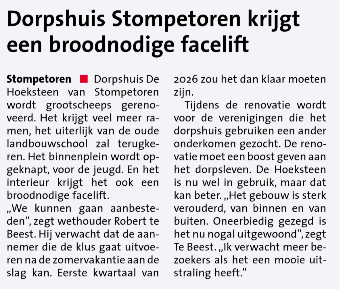 Dankzij de intitatiefmotie van o.a.het CDA Alkmaar en de inzet van het college, krijgt Stompetoren een geheel vernieuwd dorpshuis, op naar de volgende in Schermerhorn!

#CDA #Alkmaar #Vriendelijk #Betrouwbaar #Daadkrachtig #Dorpshuizen #Buitengebied #Stompetoren #Schermerhorn