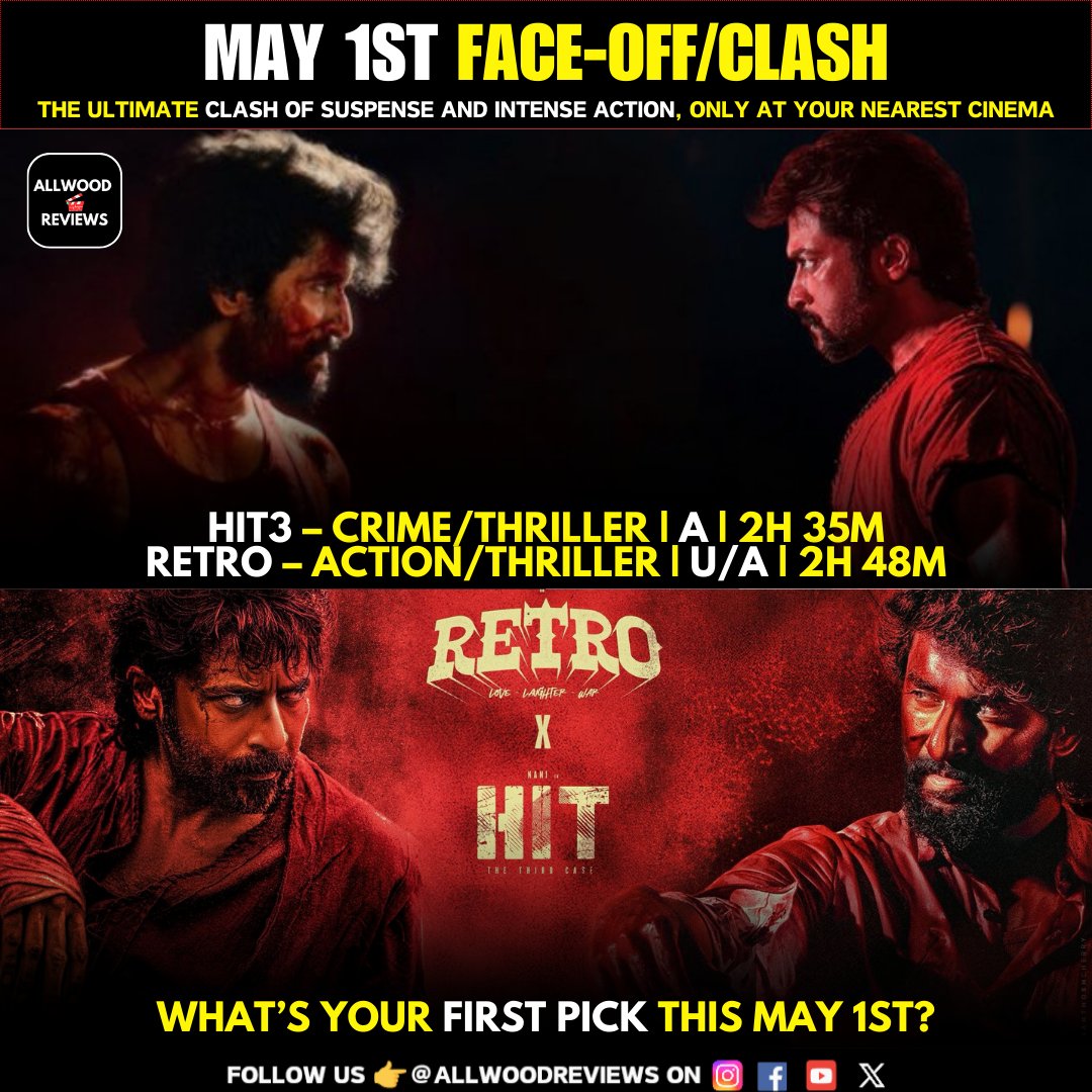 AllwoodReviews's tweet photo. MAY 1ST FACE-OFF/CLASH ✅
The Ultimate Clash of Suspense and Intense Action, Only at Your Nearest Cinema on May 1st.
#HIT3 – Crime/Thriller | A | 2h 35m
#Retro – Action/Thriller | U/A | 2h 48m
#Nani | #Suriya | #Hit3VsRetro | #HIT3TheThirdCase | #allwoodreviews https://t.co/avPrK9obKc