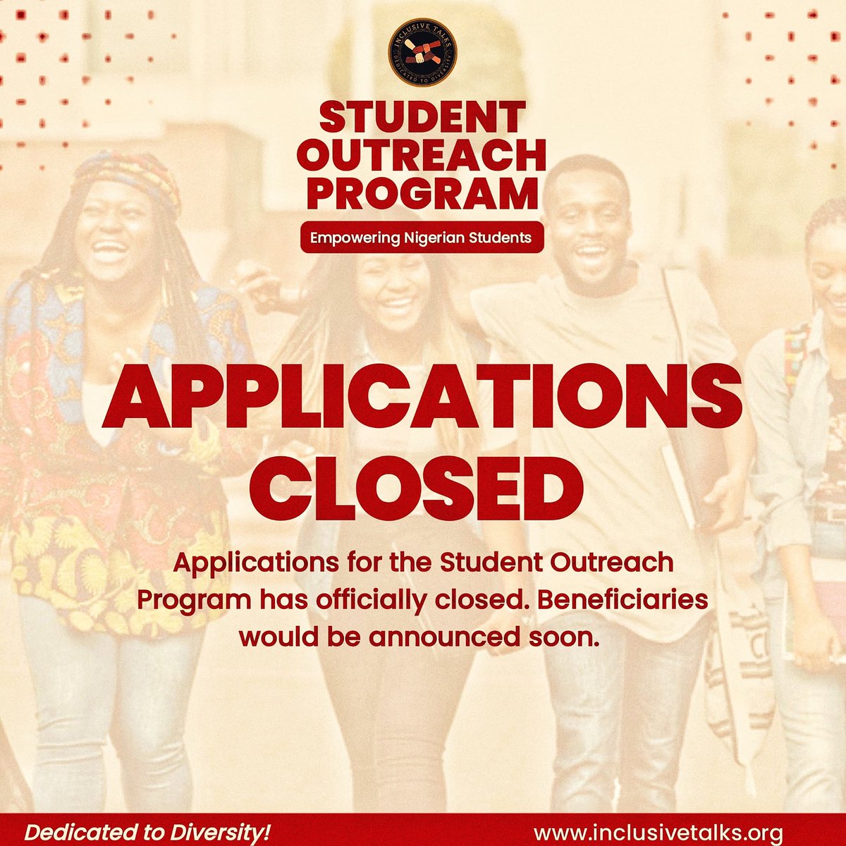 InclusiveTalks's tweet photo. Thank you to everyone who applied for the Student Outreach Program! Applications are now officially closed. Stay tuned
we’ll be announcing the selected beneficiaries soon.
#InclusiveTalks #StudentSupport #dedicatedtodiversity #diversitymatters https://t.co/4zwWTEGbfX