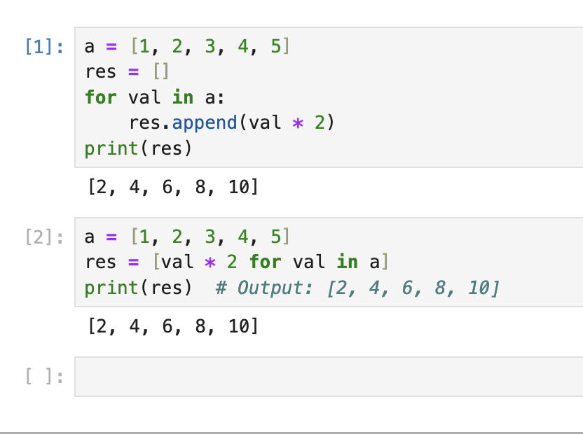 alishah730's tweet image. Tip: Use list comprehensions to simplify your loops!
Instead of:
a = [1, 2, 3, 4, 5]
res = []
for val in a:
    res.append(val * 2)
print(res)
Do:
a = [1, 2, 3, 4, 5]
res = [val * 2 for val in a]
print(res)  # Output: [2, 4, 6, 8, 10]
Cleaner and faster! #Python #CodingTip