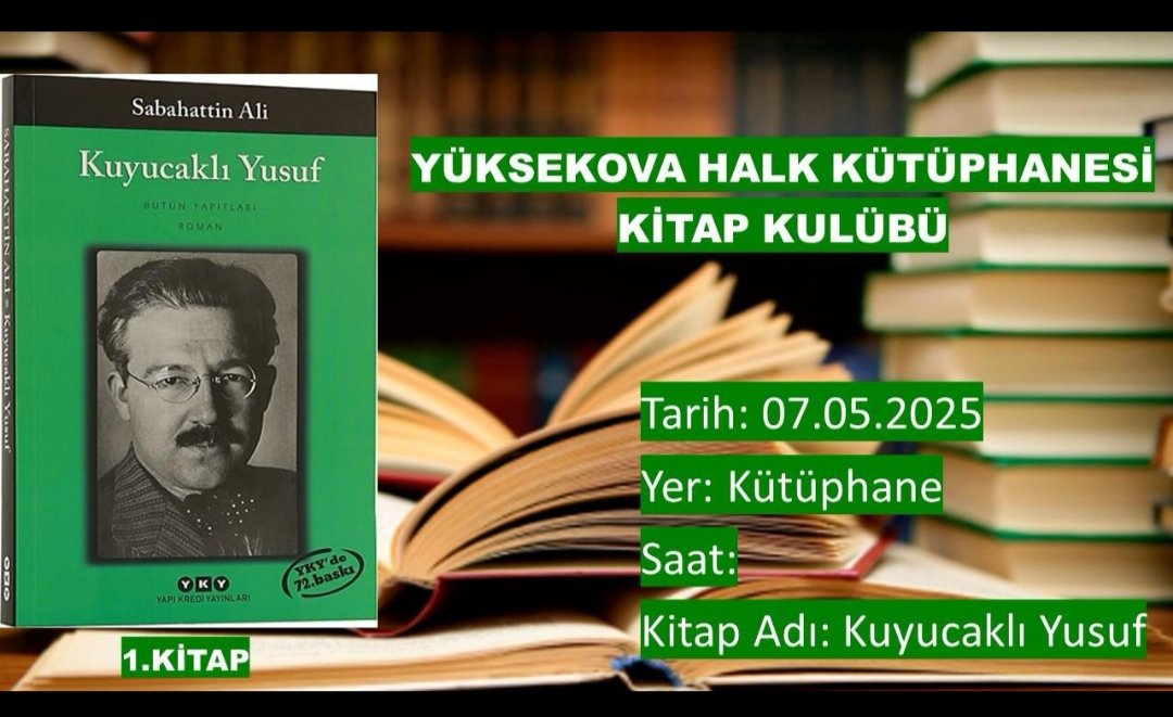 Kitapsız bir hayat; masalsiz çocukluk, sevgisiz gençlik, özgürlüğü bilmeyen bir yaşlılık demek.
Farkındalık yaratmak amacıyla başlattığımız "Kitap Kulübüzun" 1. Etabı başlıyor.
<a href="/MehmetNuriErsoy/">Mehmet Nuri Ersoy</a> 
<a href="/TCKulturTurizm/">T.C. Kültür ve Turizm Bakanlığı</a> 
<a href="/alicelik_64/">Ali Çelik</a> 
<a href="/etkinkutuphane/">Etkin Kütüphane</a> 
<a href="/HakkariValiligi/">T.C. HAKKARİ VALİLİĞİ</a> 
<a href="/idrisagacanoglu/">İdris Ağacanoğlu🇹🇷</a>