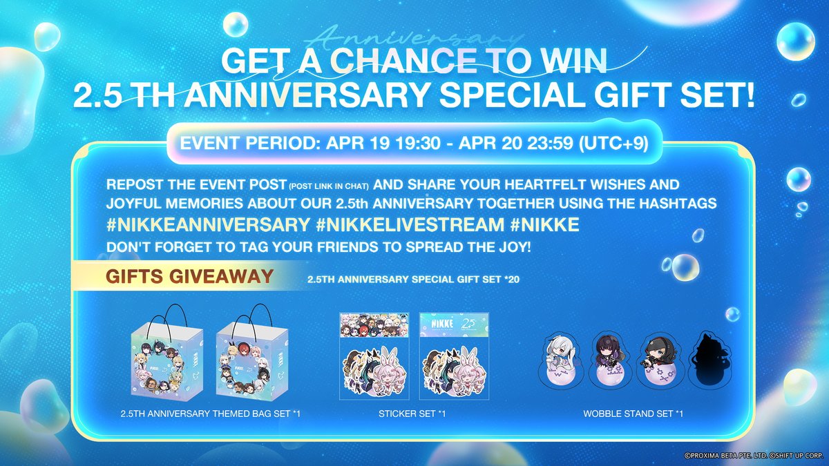 NIKKE_en's tweet image. 【NIKKE 2.5th Anniversary Livestream - Sharing Event】
#NIKKEAnniversary #NIKKELivestream
How to Join
1. Follow @NIKKE_en
2. Repost this post and share your heartfelt wishes and joyful memories about our 2.5th Anniversary with #NIKKEAnniversary #NIKKELivestream #NIKKE…