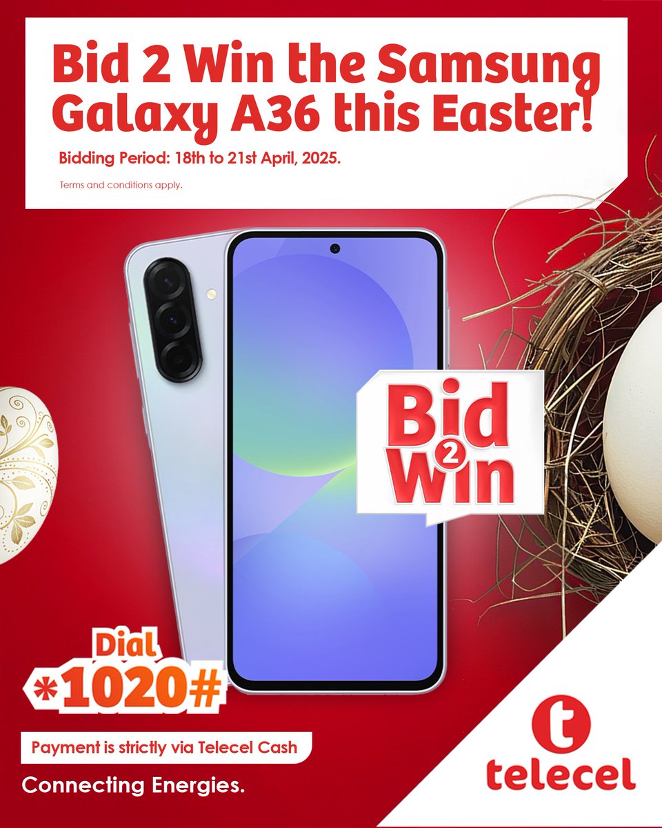 TelecelGhana's tweet image. 💫Bid to win the Samsung Galaxy A36, it’s that simple! 📱
Dial *1020# to start bidding now till April 21st. Payment available only via Telecel Cash. Make your Easter unforgettable and start bidding now. 😄
#telecel
#ConnectingEnergies
#Bid2Win