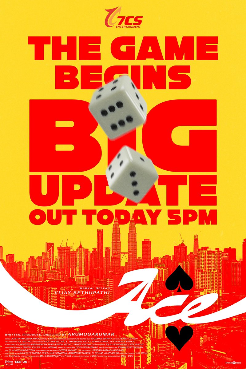 rukminitweets's tweet photo. A storm of action, wit and swagger! 💥 #Ace Big announcement today at 5 PM! Stay Tuneddd ♠️

@VijaySethuOffl @rukminitweets @7CsPvtPte @Aaru_Dir @iYogiBabu @justin_tunes @shreyaghosal @KapilKapilan_
#KaranBRawat @andrews_avinash @rajNKPK @DivyaPillaioffl @Denes_Astro https://t.co/euol6JDhaZ