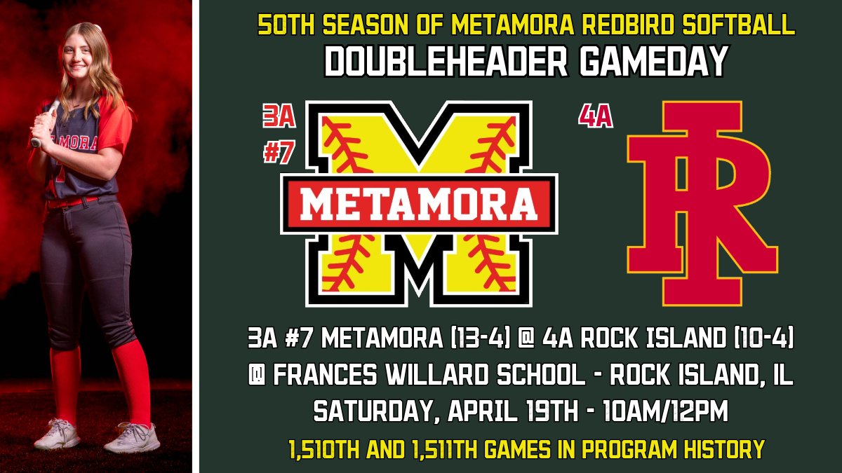 StaabAlex's tweet photo. Over to the Quad Cities for a pair! 

🥎 | 3A #7 @SoftballMTHS 
🆚 | 4A Rock Island
📍 | 2503 9th St., Rock Island
🕰️ | 10AM &amp; 12PM
☁️ | 54 degrees, cloudy, 10 mph wind RF to LF
📻 | https://t.co/pvkcCrFXkQ
📊 | GameChanger; "Metamora Varsity Redbirds"

#ONE #pjspreps https://t.co/aEHYvC1p9D