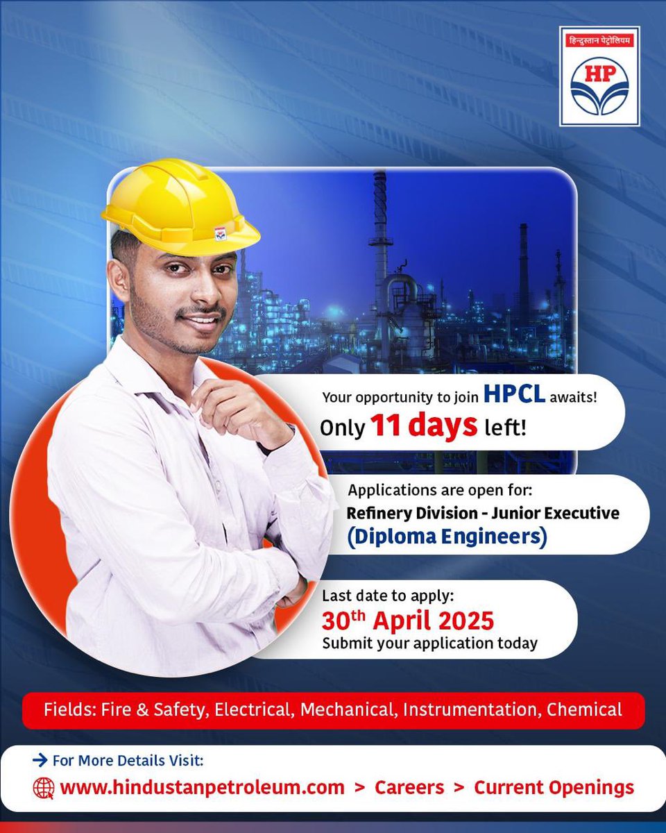 The countdown has begun! Only 11 days left to apply for the position of Junior Executive in HPCL’s Refinery Division.

At HPCL, we’re always on the lookout for passionate and driven Diploma Engineers in Fire &amp; Safety, Electrical, Mechanical, Instrumentation, and Chemical