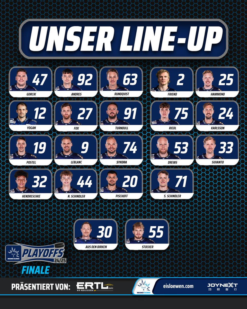In einer Stunde geht´s los: Spiel 2 im Finale gegen die Towerstars startet um 16 Uhr. Wir beginnen mit dieser Aufstellung!

#EislöwenRudel #DresdnerEislöwen #DREvsRVT