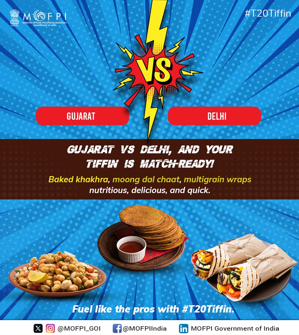 MOFPI_GOI's tweet photo. खाखरा और #VegWrap : स्वाद में ज़बरदस्त, सेहत में शानदार
खाखरे का #Crunch, प्रोटीन से भरपूर मूंग दाल चाट का ज़ायका और मल्टीग्रेन रैप्स के हेल्दी ट्विस्ट से अब हर बाइट के साथ एनर्जी और स्वाद का परफेक्ट कॉम्बो पाएं और अपने टीम की जीत के साथ चीयर्स करें।
#CricketAndCuisine |#IPL https://t.co/bLs1F3xmZr