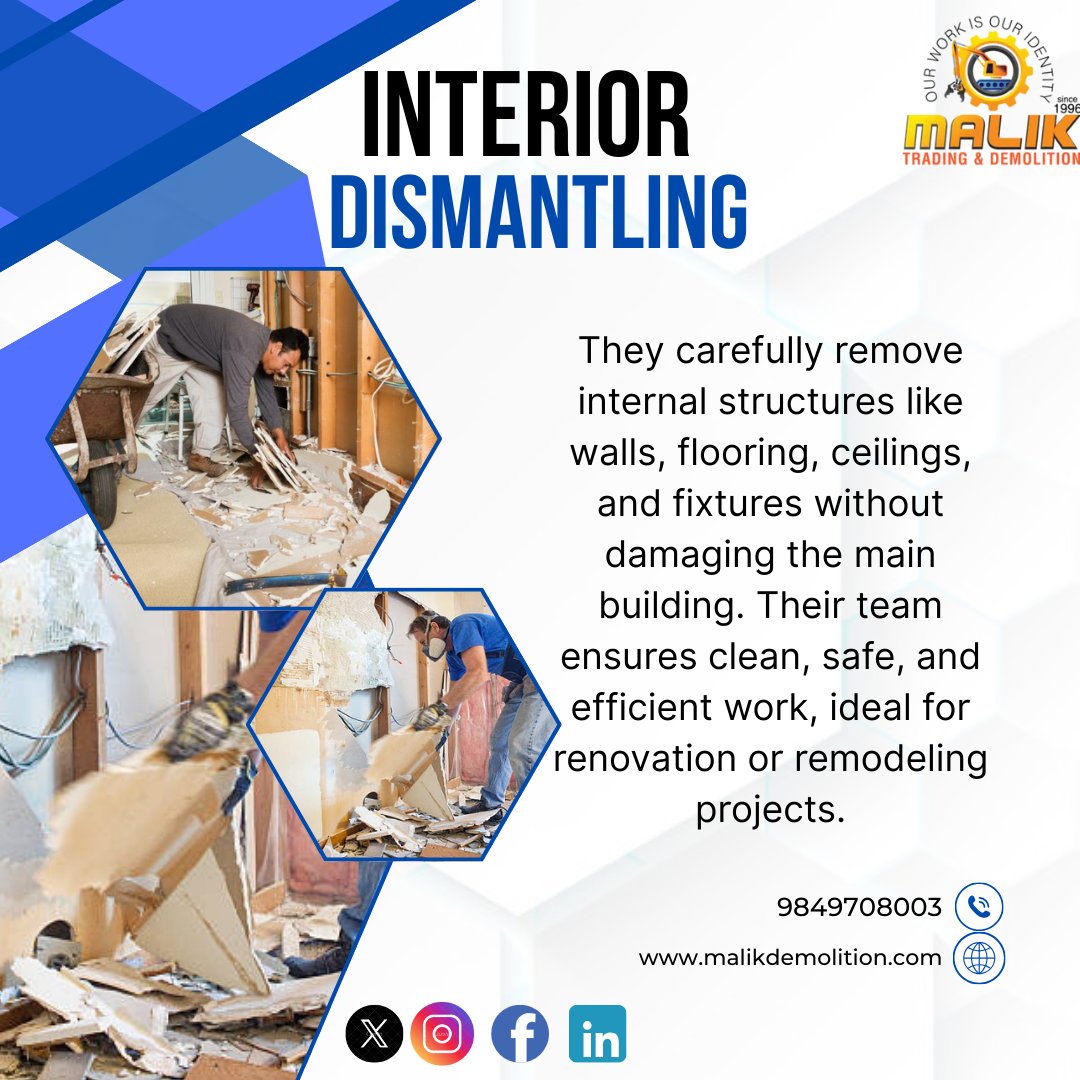 MalikDemoli96's tweet image. Interior dismantling involves the selective removal of interior components of a building, such as walls, flooring, ceilings, fixtures, and mechanical systems.#InteriorDismantling
#SelectiveDemolition
#InteriorDemo
#RenovationPrep
#SustainableDemolition
#Deconstruction