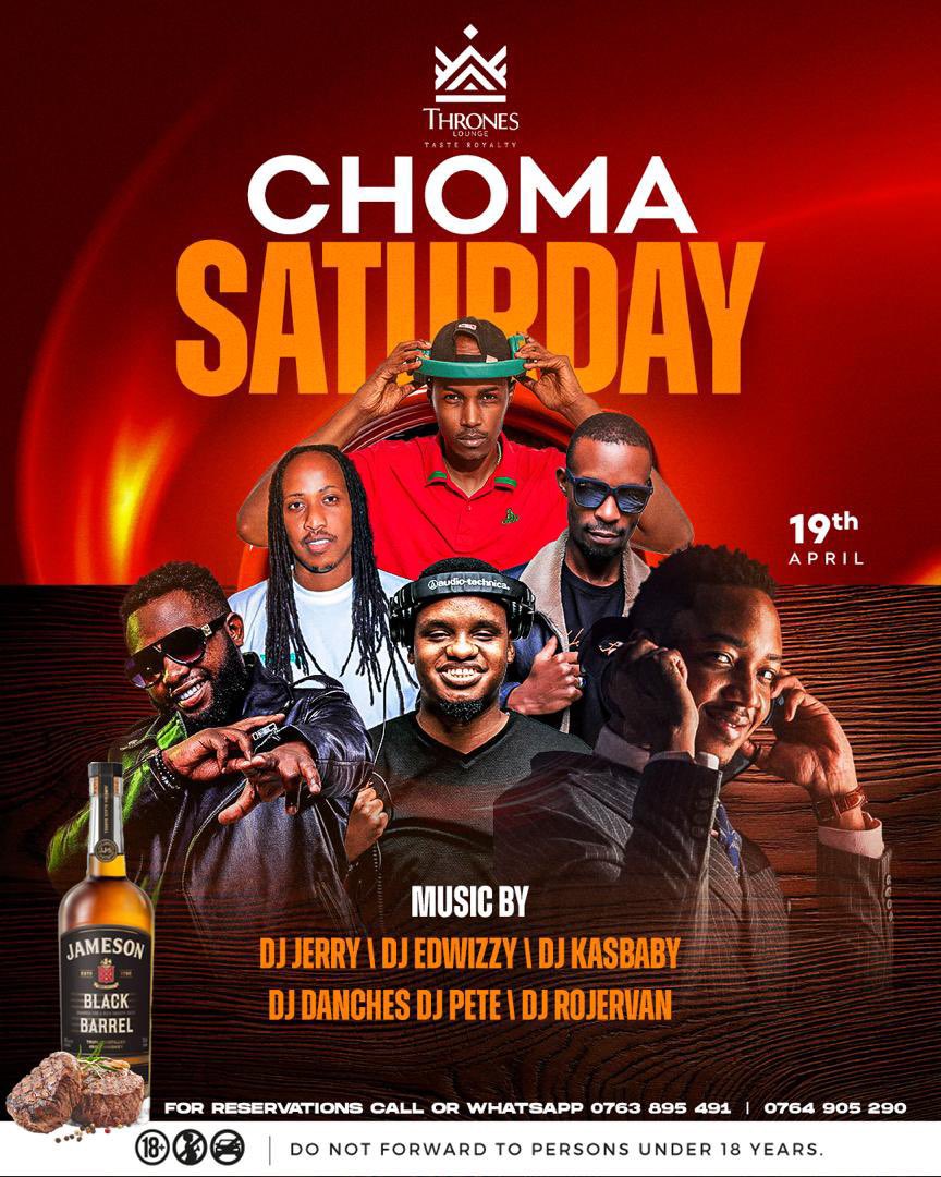 Choma Saturdays at <a href="/throneskampala/">throneskampala</a>—where the weekend lights up! <a href="/djKasBaby/">Kas 😎</a>, <a href="/Jerrymehn/">It’s Jerry Mehn</a>, <a href="/edwizzyselekta/">edwizzy selekta</a>, <a href="/kagzpete/">deejaypete</a>, DJ Rogervan, &amp; DJ Danchez spin fire tracks all night. Wild vibes, killer grooves—be there!