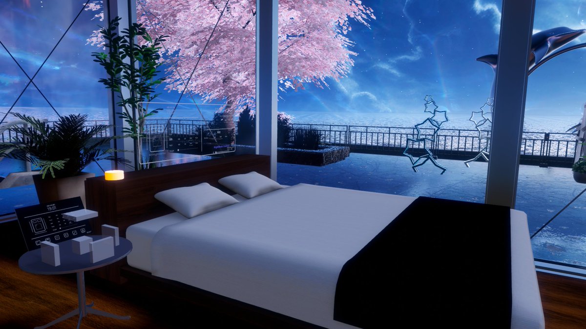 tokiwailm's tweet photo. Dreamin' Weaver　―By blanc（ぶらん）
月の海に浮かぶ部屋。桜の花も綺麗な幻想風景でくつろげるワールドです。

https://t.co/V5H18Jywj2
#VRChat_world紹介 #VRChat https://t.co/5rxe5bf8rs