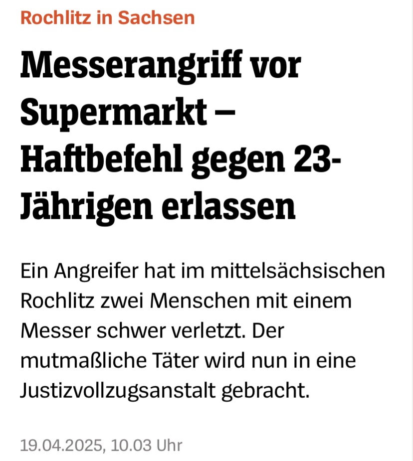 Der Täter des #Messerangriffs von #Rochlitz ist offenbar ein Deutscher. 

Deshalb sind die Rassisten und Gesinnungsgenossen der „Alternative für Deutschland“ diesmal so ruhig.