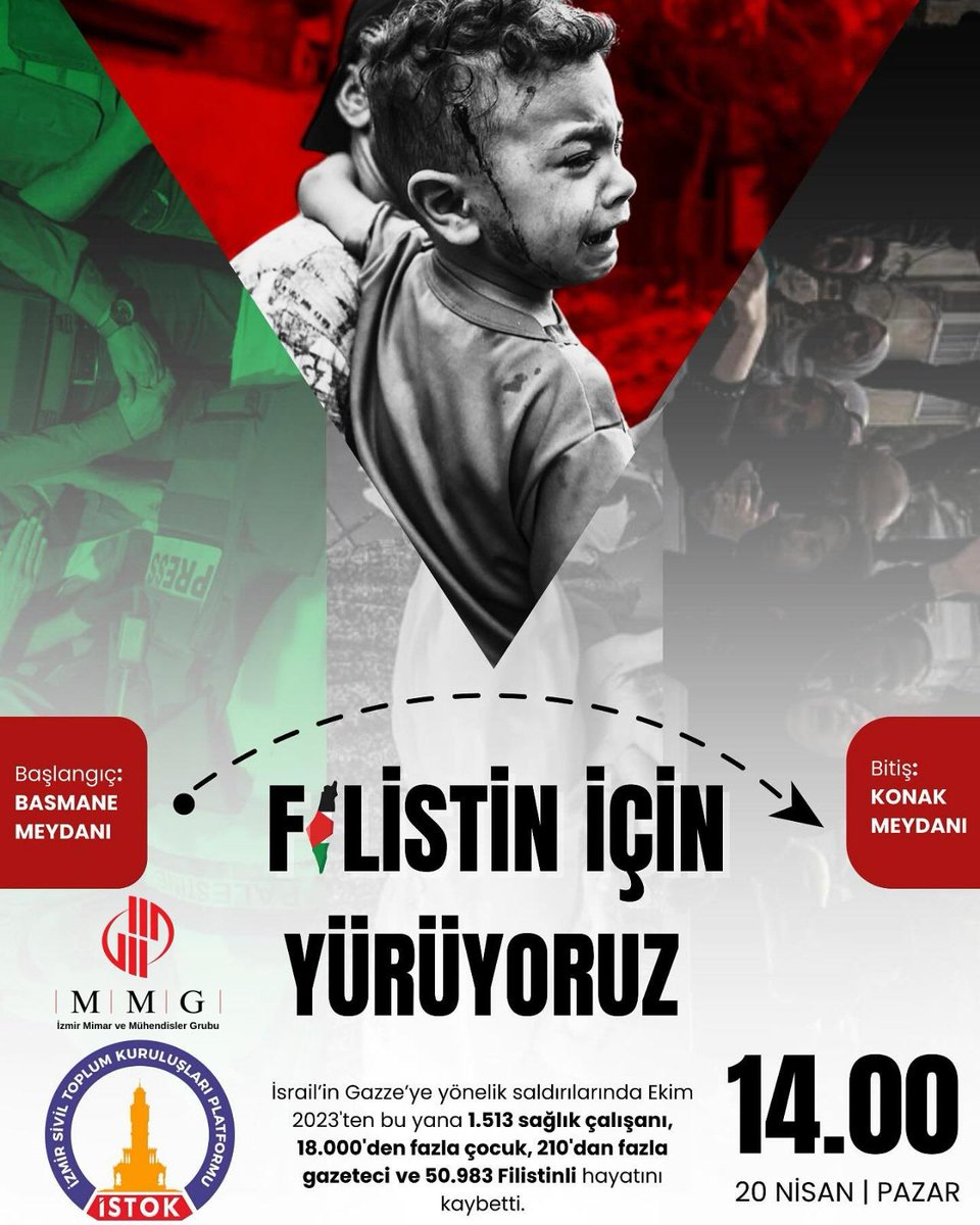 MMGIzmir's tweet photo. FİLİSTİN İÇİN YÜRÜYORUZ! 🇹🇷🇵🇸   

Filistin halkının direnişine destek vermek, mazlumların sesi olmak ve yaşanan insanlık dramına dikkat çekmek amacıyla düzenleyeceğimiz yürüyüşe tüm halkımız davetli ve davetçidir.

🗓️ Tarih: 20 Nisan 2025, Pazar  
🕑 Saat: 14.00 https://t.co/TKdtnzlQUq
