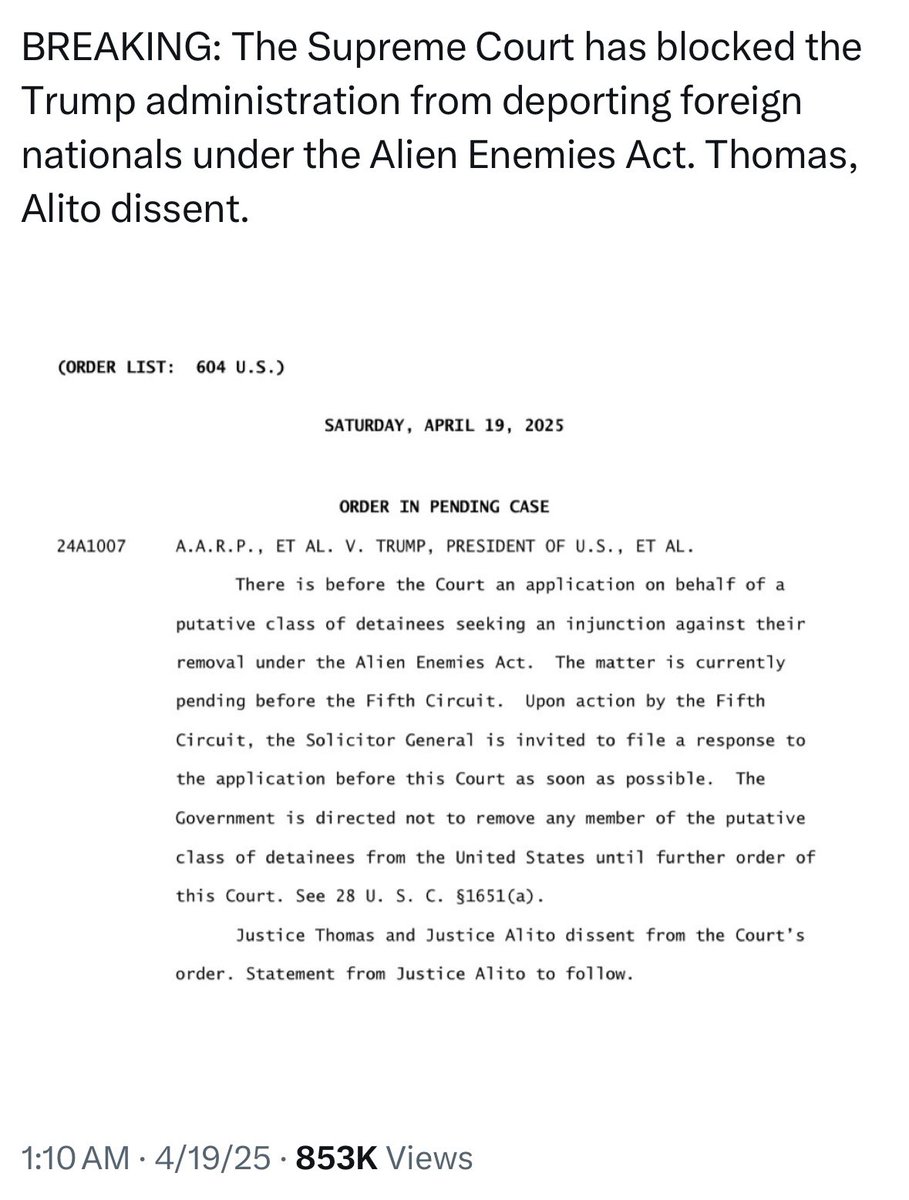 Funky9ers's tweet image. It’s pretty clear what the Supreme Court thinks of Donald Trump’s program with El Salvador given this recent ruling early this morning.
I wonder if our very own convicted felon commander in chief will comply with the highest court in the land.