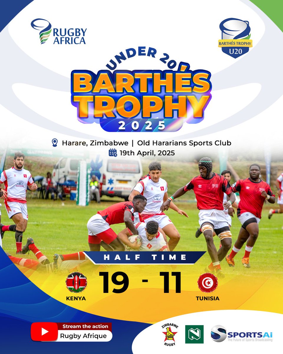 U 20 Barthés Trophy 🏆 in Zimbabwe 🇿🇼 
Game One 1️⃣ 
Time 
Kenya 🇰🇪 19-11 🇹🇳 Tunisia